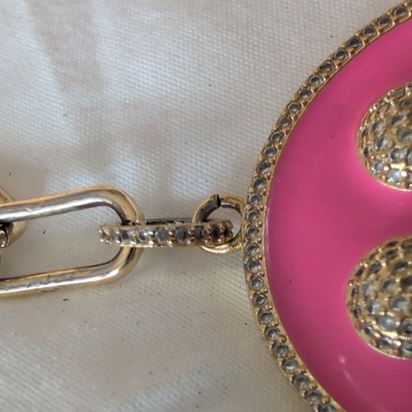 Gold Chain Necklace with Pink Smiley Pendant Enamel W Tiny Crystals necklace - Picture 6 of 8